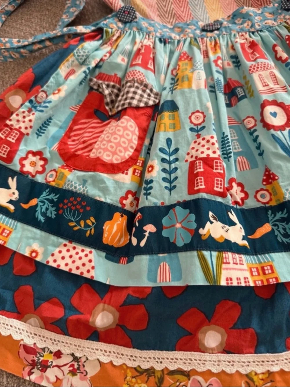 Wildflowers Blue Multicolor Village & Floral Apple rabbit Print Dress htf